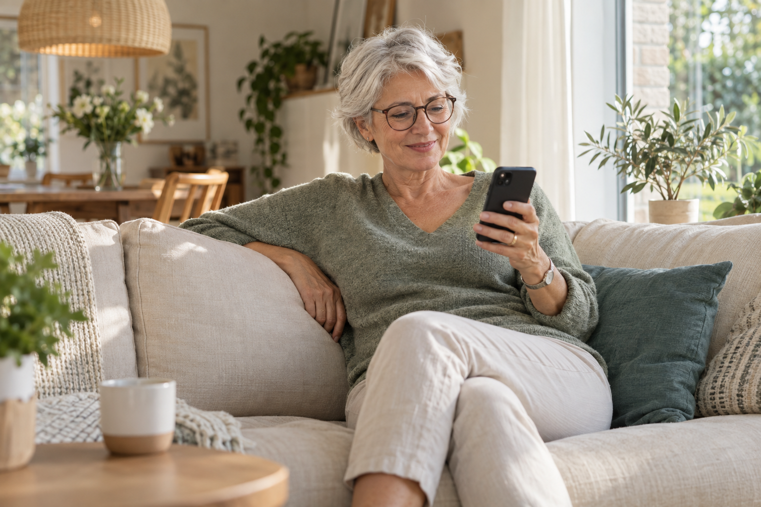 Een vrouw bekijkt ontspannen haar energie op haar smartphone.