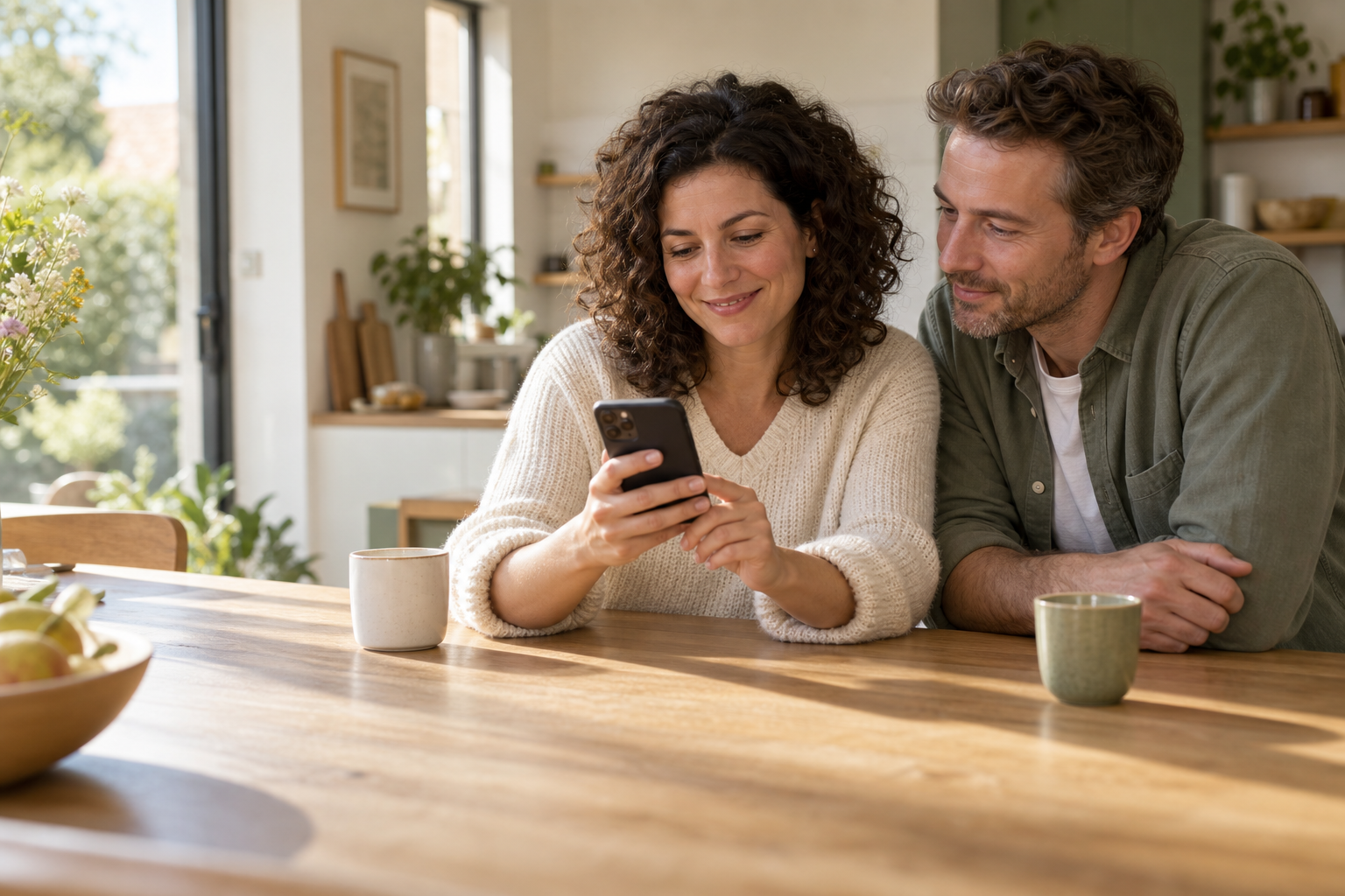 Een koppel bekijkt samen energieadvies op hun smartphone aan de keukentafel.